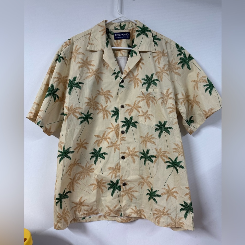 KENT WANG Mens XL Hawaiian Camp Shirt Tropical Aloha Cream Short Sleeve